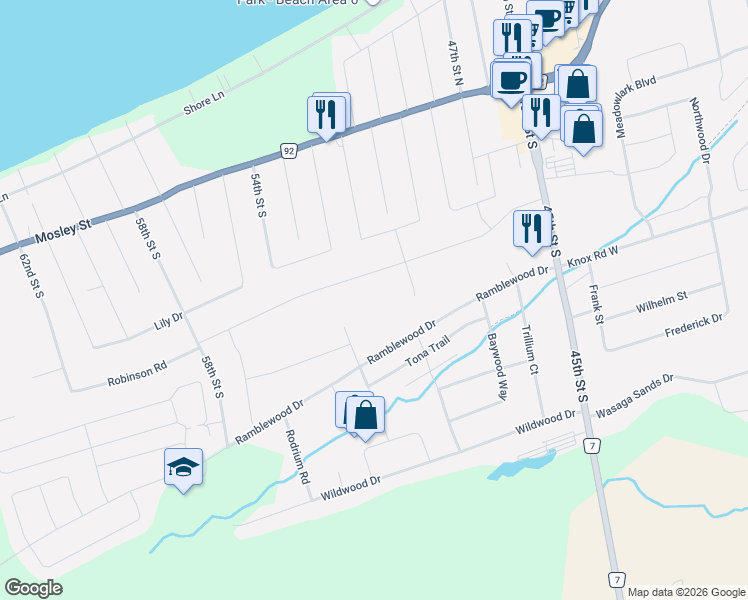 map of restaurants, bars, coffee shops, grocery stores, and more near 51 Mapleside Drive in Wasaga Beach
