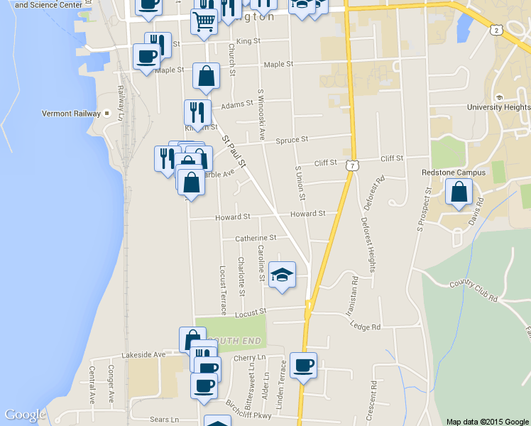 map of restaurants, bars, coffee shops, grocery stores, and more near 120 Howard Street in Burlington
