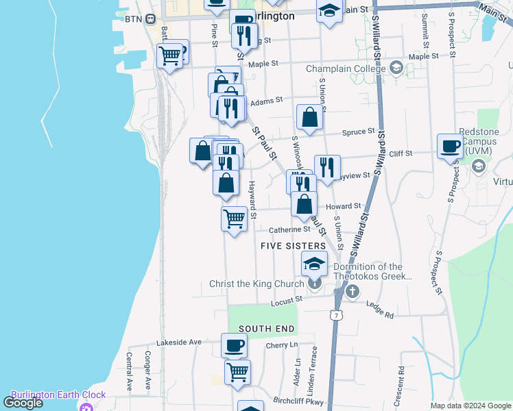 map of restaurants, bars, coffee shops, grocery stores, and more near 49 Hayward Street in Burlington