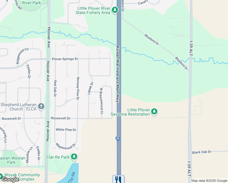 map of restaurants, bars, coffee shops, grocery stores, and more near 2080 East Breezewood Court in Plover