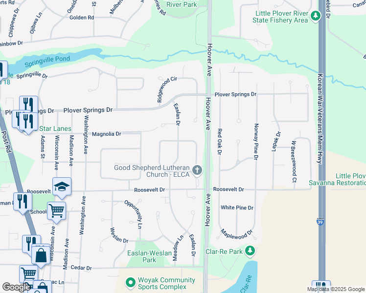 map of restaurants, bars, coffee shops, grocery stores, and more near 2000 Easlan Drive in Plover