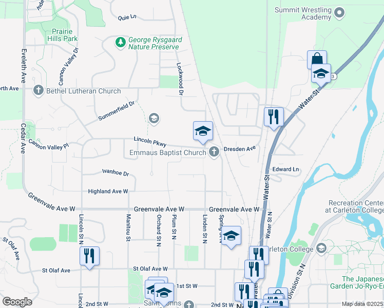 map of restaurants, bars, coffee shops, grocery stores, and more near 404 Juniper Avenue West in Northfield