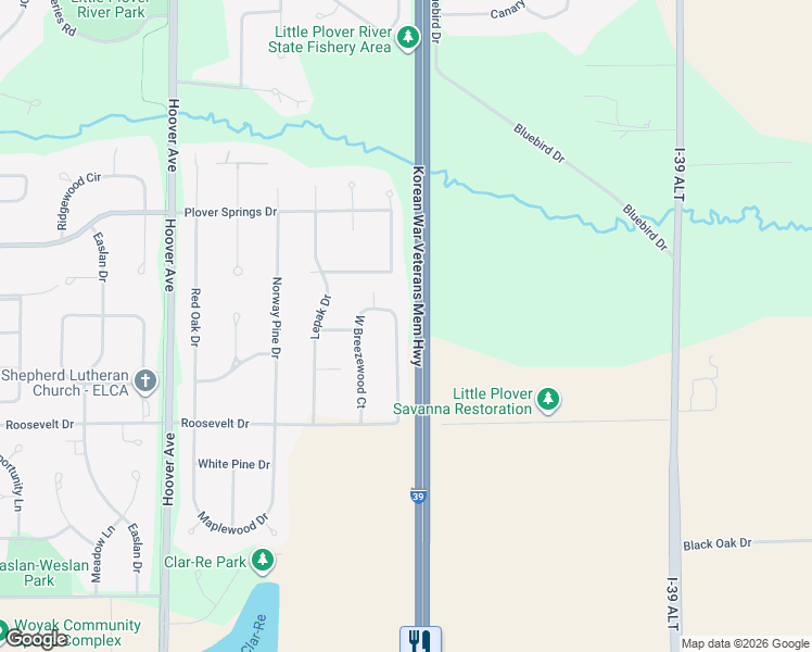 map of restaurants, bars, coffee shops, grocery stores, and more near 2080 East Breezewood Court in Plover