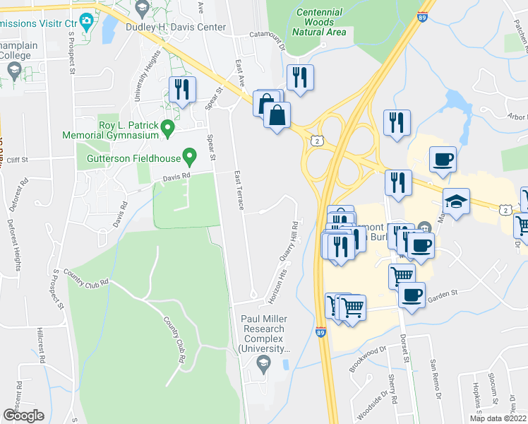 map of restaurants, bars, coffee shops, grocery stores, and more near 158 Quarry Hill Road in South Burlington