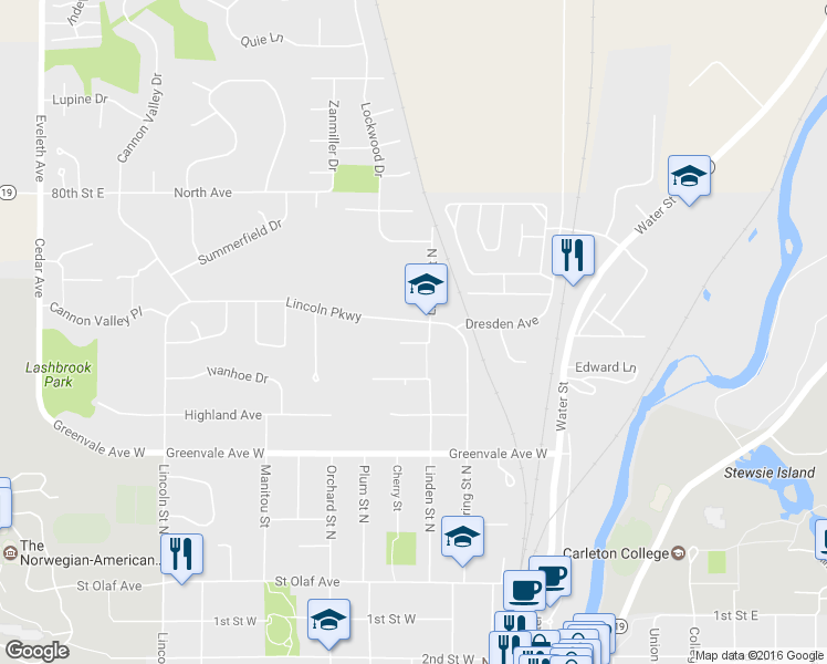 map of restaurants, bars, coffee shops, grocery stores, and more near 404 Juniper Avenue West in Northfield