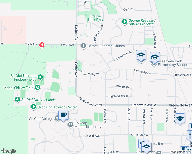 map of restaurants, bars, coffee shops, grocery stores, and more near 723 Lincoln Street North in Northfield