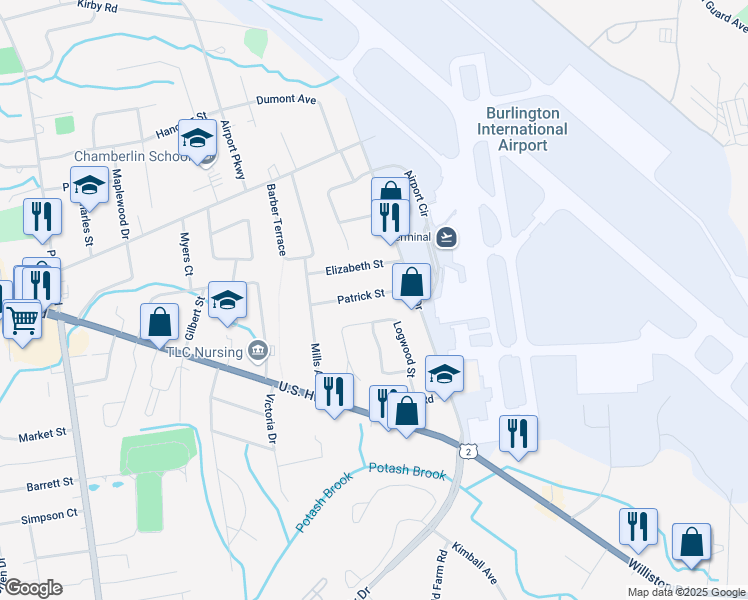 map of restaurants, bars, coffee shops, grocery stores, and more near 9 Patrick St in South Burlington