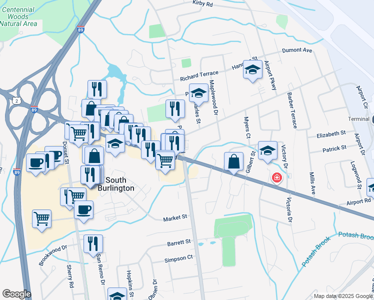 map of restaurants, bars, coffee shops, grocery stores, and more near in South Burlington