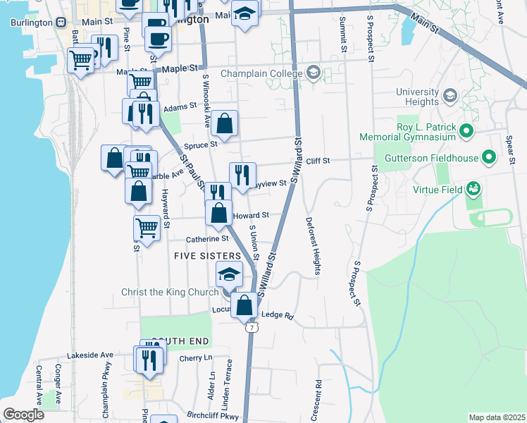 map of restaurants, bars, coffee shops, grocery stores, and more near 178 Howard Street in Burlington