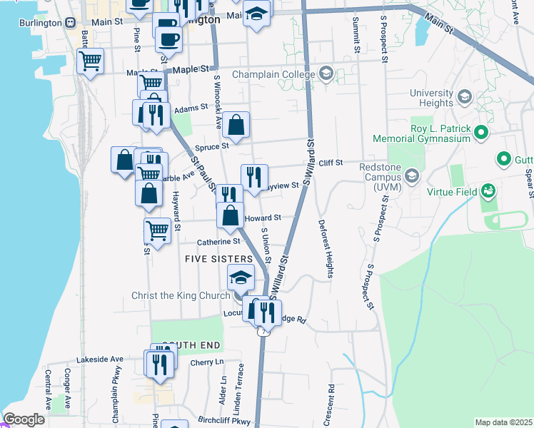 map of restaurants, bars, coffee shops, grocery stores, and more near 178 Howard Street in Burlington
