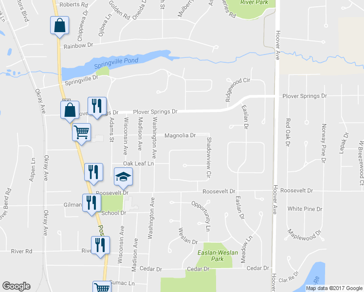 map of restaurants, bars, coffee shops, grocery stores, and more near 2441 Shadow View Circle in Plover