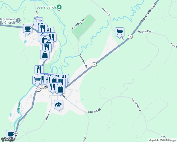 map of restaurants, bars, coffee shops, grocery stores, and more near 422 Maple Street in Stowe