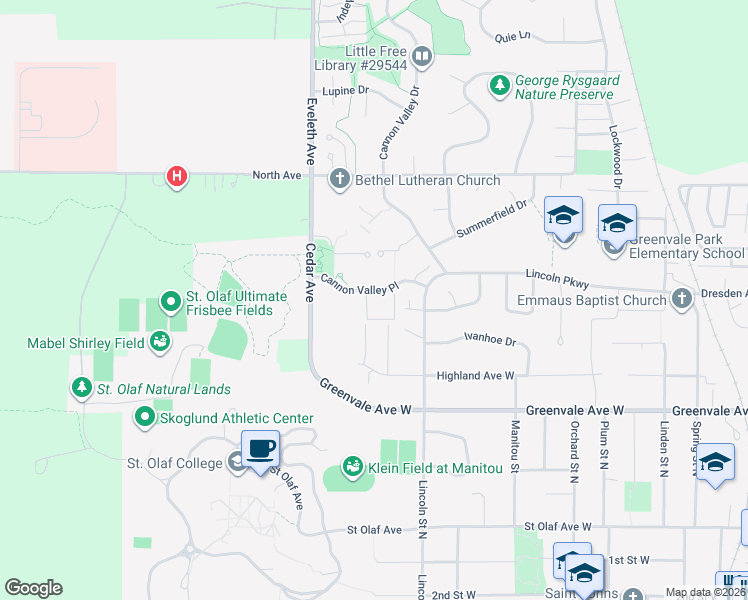 map of restaurants, bars, coffee shops, grocery stores, and more near 1190 Cannon Valley Place in Northfield