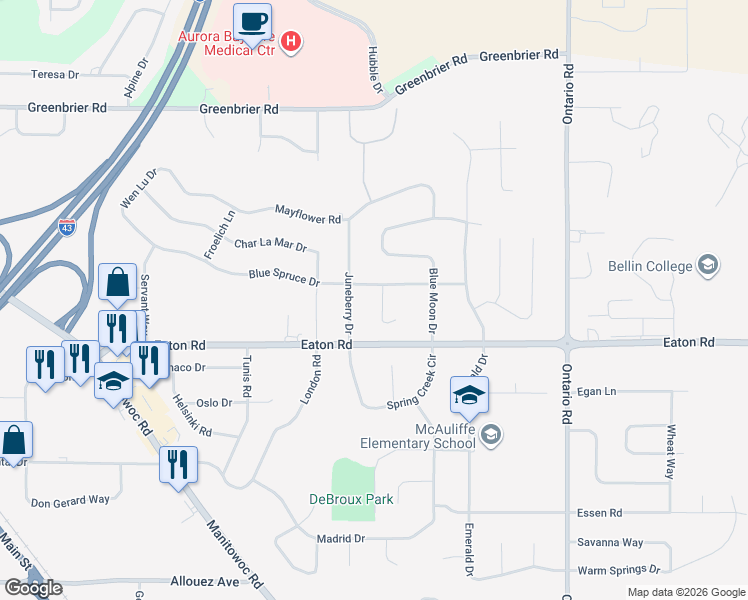 map of restaurants, bars, coffee shops, grocery stores, and more near 1828 Blue Spruce Court in Green Bay