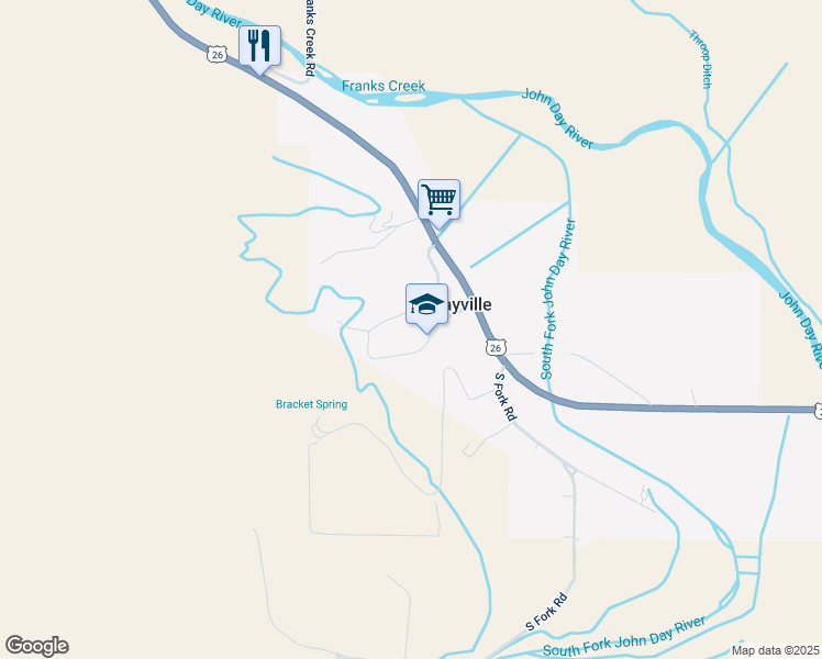 map of restaurants, bars, coffee shops, grocery stores, and more near 285 School House Drive in Dayville