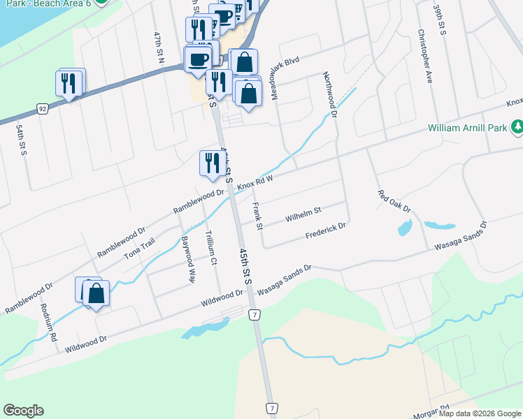 map of restaurants, bars, coffee shops, grocery stores, and more near 33 Frank Street in Wasaga Beach