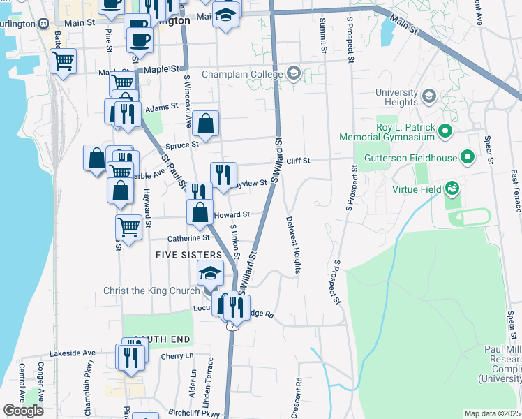 map of restaurants, bars, coffee shops, grocery stores, and more near 457 South Willard Street in Burlington
