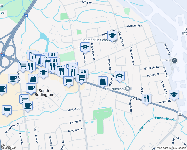map of restaurants, bars, coffee shops, grocery stores, and more near 19 Cottage Grove Avenue in South Burlington