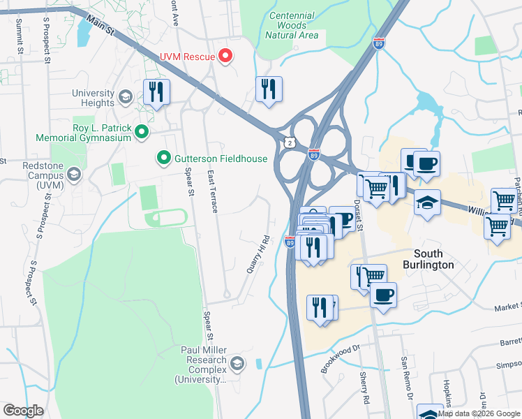 map of restaurants, bars, coffee shops, grocery stores, and more near 465 Quarry Hill Road in South Burlington