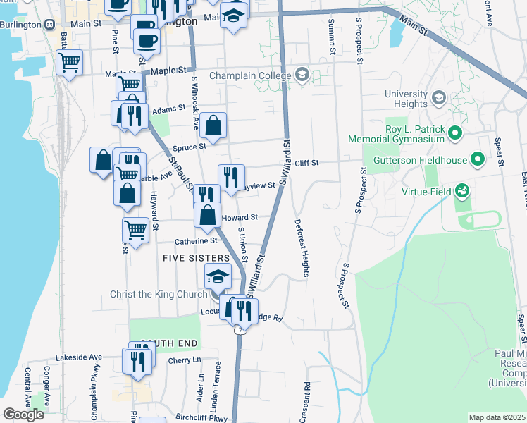 map of restaurants, bars, coffee shops, grocery stores, and more near 457 South Willard Street in Burlington