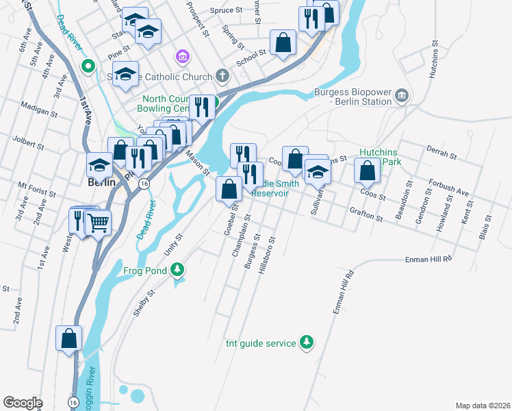 map of restaurants, bars, coffee shops, grocery stores, and more near 535 Burgess Street in Berlin