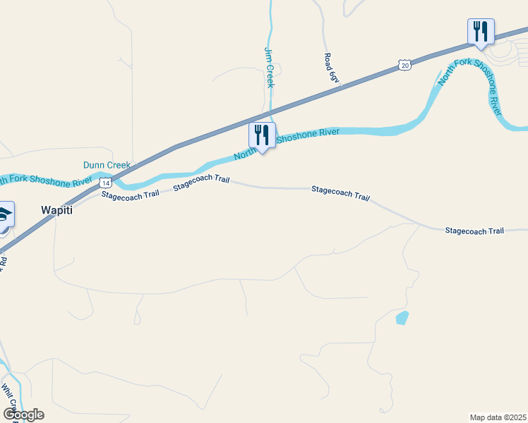map of restaurants, bars, coffee shops, grocery stores, and more near 66 Stagecoach Trail in Cody