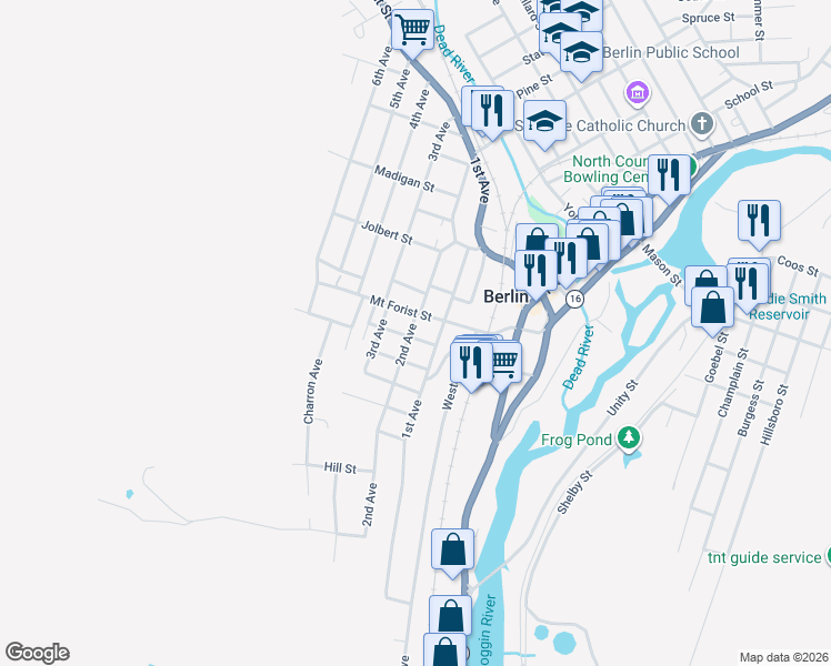 map of restaurants, bars, coffee shops, grocery stores, and more near 96 Clark Street in Berlin