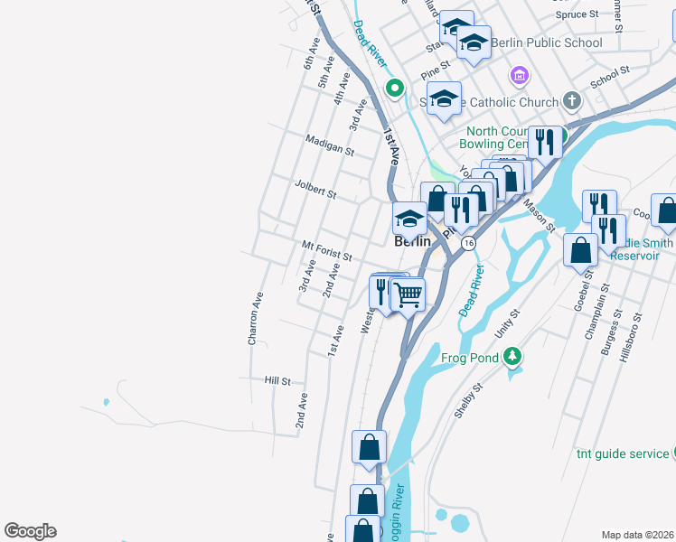 map of restaurants, bars, coffee shops, grocery stores, and more near 96 Clark Street in Berlin