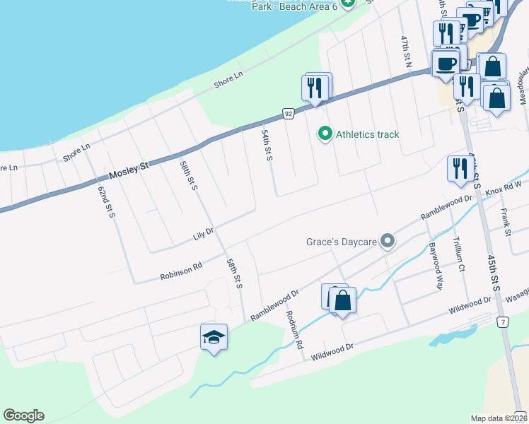 map of restaurants, bars, coffee shops, grocery stores, and more near 15 Lily Drive in Wasaga Beach