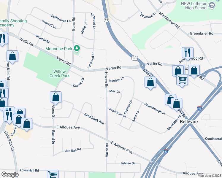 map of restaurants, bars, coffee shops, grocery stores, and more near 1791 Mac Lane in Bellevue