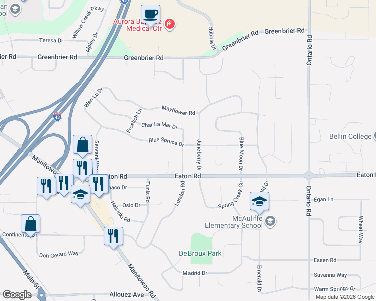 map of restaurants, bars, coffee shops, grocery stores, and more near 1830 Juneberry Drive in Green Bay