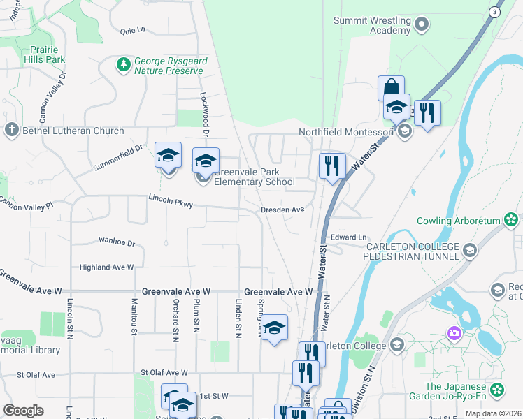 map of restaurants, bars, coffee shops, grocery stores, and more near 200 Dresden Avenue in Northfield