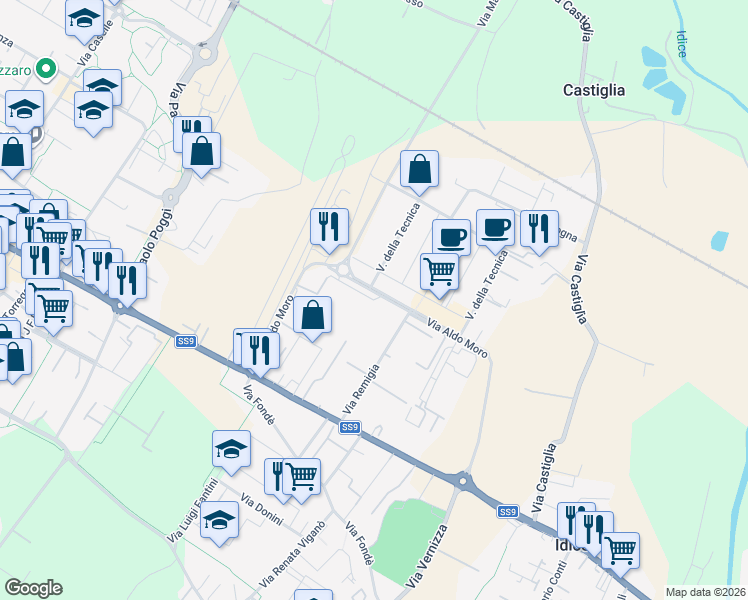 map of restaurants, bars, coffee shops, grocery stores, and more near 44 Via Aldo Moro in San Lazzaro di Savena