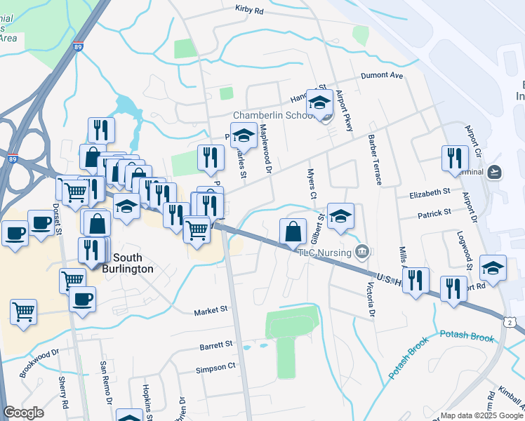 map of restaurants, bars, coffee shops, grocery stores, and more near 19 Cottage Grove Avenue in South Burlington
