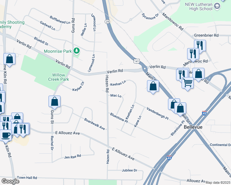 map of restaurants, bars, coffee shops, grocery stores, and more near 1791 Mac Lane in Bellevue