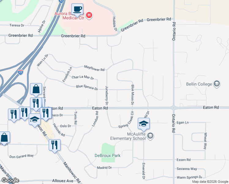 map of restaurants, bars, coffee shops, grocery stores, and more near 1828 Blue Spruce Court in Green Bay
