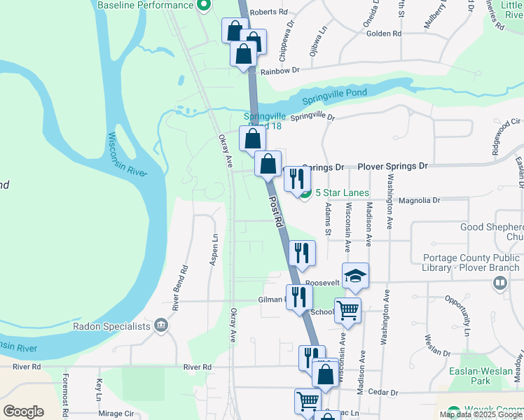 map of restaurants, bars, coffee shops, grocery stores, and more near 1961 Post Road in Plover