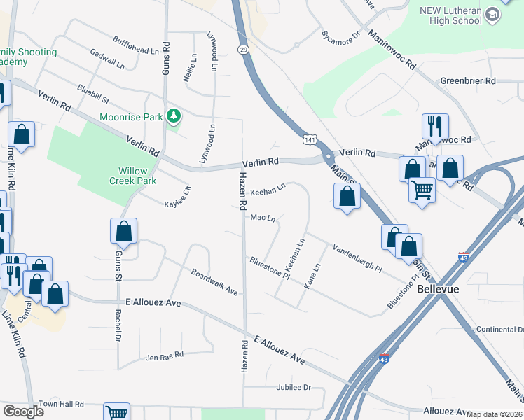 map of restaurants, bars, coffee shops, grocery stores, and more near 1791 Mac Lane in Bellevue