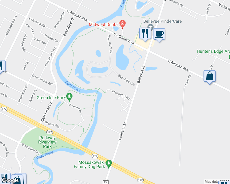 map of restaurants, bars, coffee shops, grocery stores, and more near 1537 Manderly Way in Bellevue