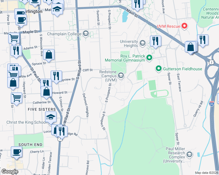 map of restaurants, bars, coffee shops, grocery stores, and more near South Prospect Street in Burlington
