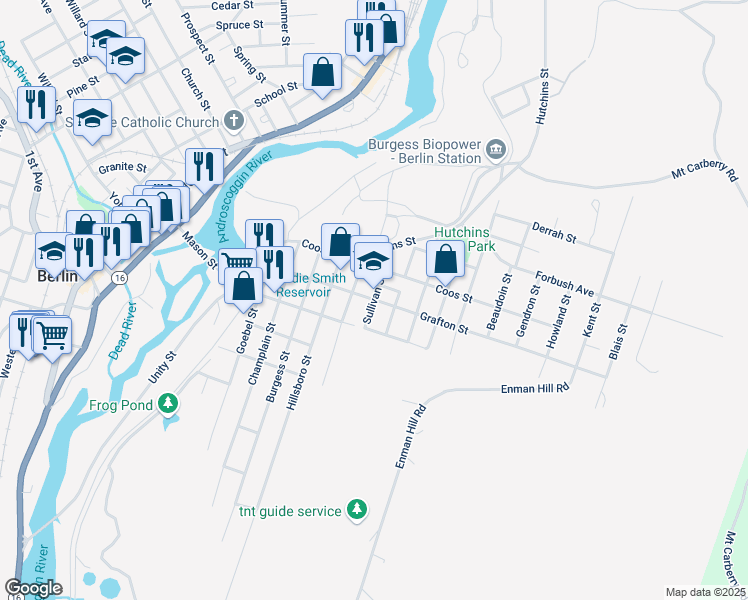 map of restaurants, bars, coffee shops, grocery stores, and more near 585 Sullivan St in Berlin