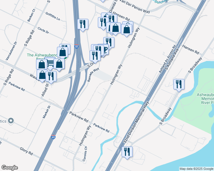 map of restaurants, bars, coffee shops, grocery stores, and more near 2944 Holmgren Way in Ashwaubenon