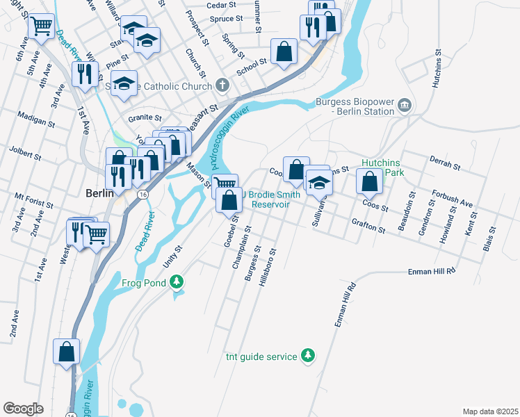 map of restaurants, bars, coffee shops, grocery stores, and more near 535 Burgess Street in Berlin