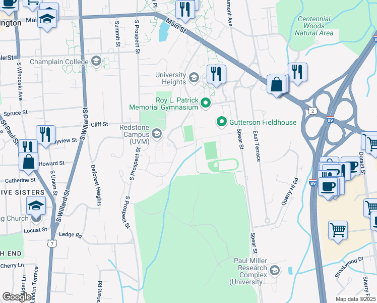 map of restaurants, bars, coffee shops, grocery stores, and more near 111 Colchester Avenue in Burlington
