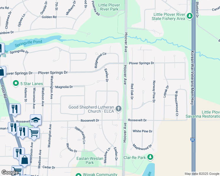 map of restaurants, bars, coffee shops, grocery stores, and more near 2000 Easlan Drive in Plover