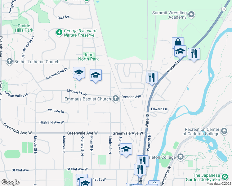 map of restaurants, bars, coffee shops, grocery stores, and more near 712 Linden Street North in Northfield