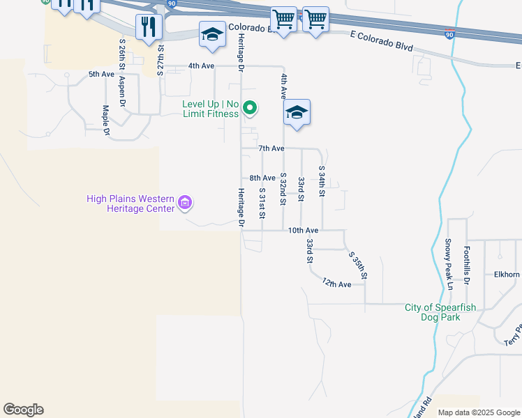 map of restaurants, bars, coffee shops, grocery stores, and more near 913 South 31st Street in Spearfish