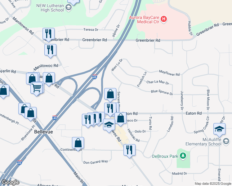 map of restaurants, bars, coffee shops, grocery stores, and more near 1780 Servant Way in Green Bay