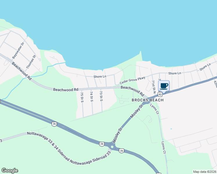 map of restaurants, bars, coffee shops, grocery stores, and more near 26 72nd Street North in Wasaga Beach