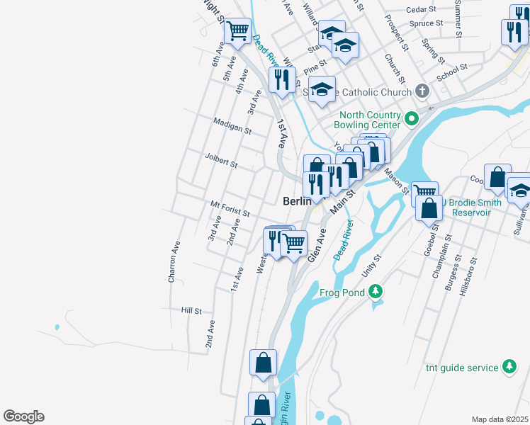 map of restaurants, bars, coffee shops, grocery stores, and more near 56 Mount Forist Street in Berlin